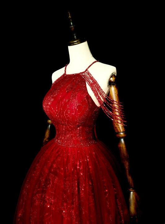 Chic Ball Gown Halter Red Tulle Long College Formal Outfit Prom Graduation Dresses For Teens N1372