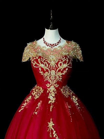 Robe de bal chic, décolleté rond, en tulle rouge et dentelle dorée, longue, tenue de soirée pour jeunes filles, robe de bal de fin d'année N1375