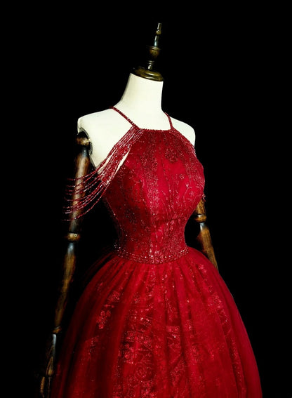 Elegantes, langes, rotes Tüll-Ballkleid mit Neckholder – ein formelles Outfit für College, Abschlussball und Schulabschluss für Teenager (N1372)