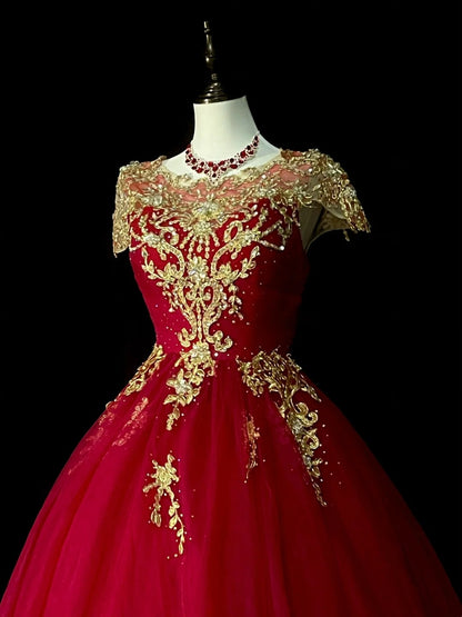 Robe de bal chic, décolleté rond, en tulle rouge et dentelle dorée, longue, tenue de soirée pour jeunes filles, robe de bal de fin d'année N1375
