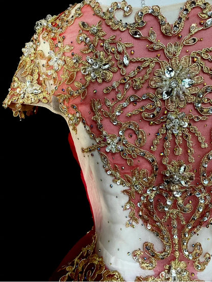 Robe de bal chic, décolleté rond, en tulle rouge et dentelle dorée, longue, tenue de soirée pour jeunes filles, robe de bal de fin d'année N1375