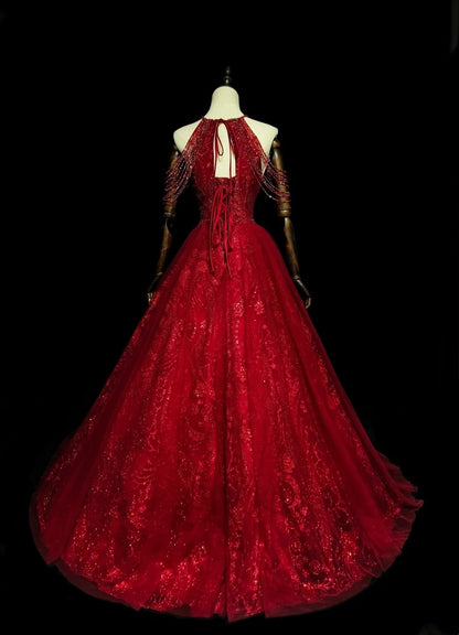Elegantes, langes, rotes Tüll-Ballkleid mit Neckholder – ein formelles Outfit für College, Abschlussball und Schulabschluss für Teenager (N1372)