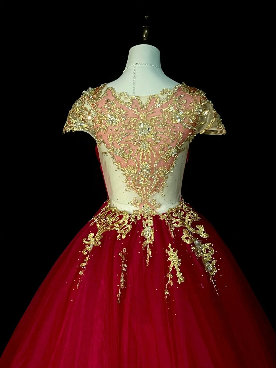 Robe de bal chic, décolleté rond, en tulle rouge et dentelle dorée, longue, tenue de soirée pour jeunes filles, robe de bal de fin d'année N1375