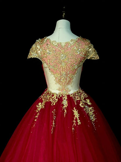 Robe de bal chic, décolleté rond, en tulle rouge et dentelle dorée, longue, tenue de soirée pour jeunes filles, robe de bal de fin d'année N1375