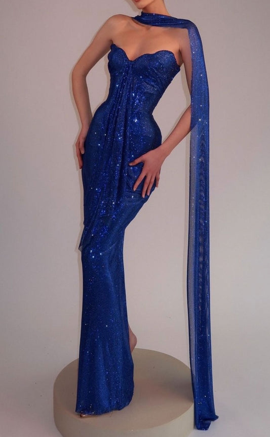 Modest Mermaid Sweetheart Royal Blue Sequin Prom Dresses With Scarf Evening Party Formal Gown 18th Birthday Gowns AB796