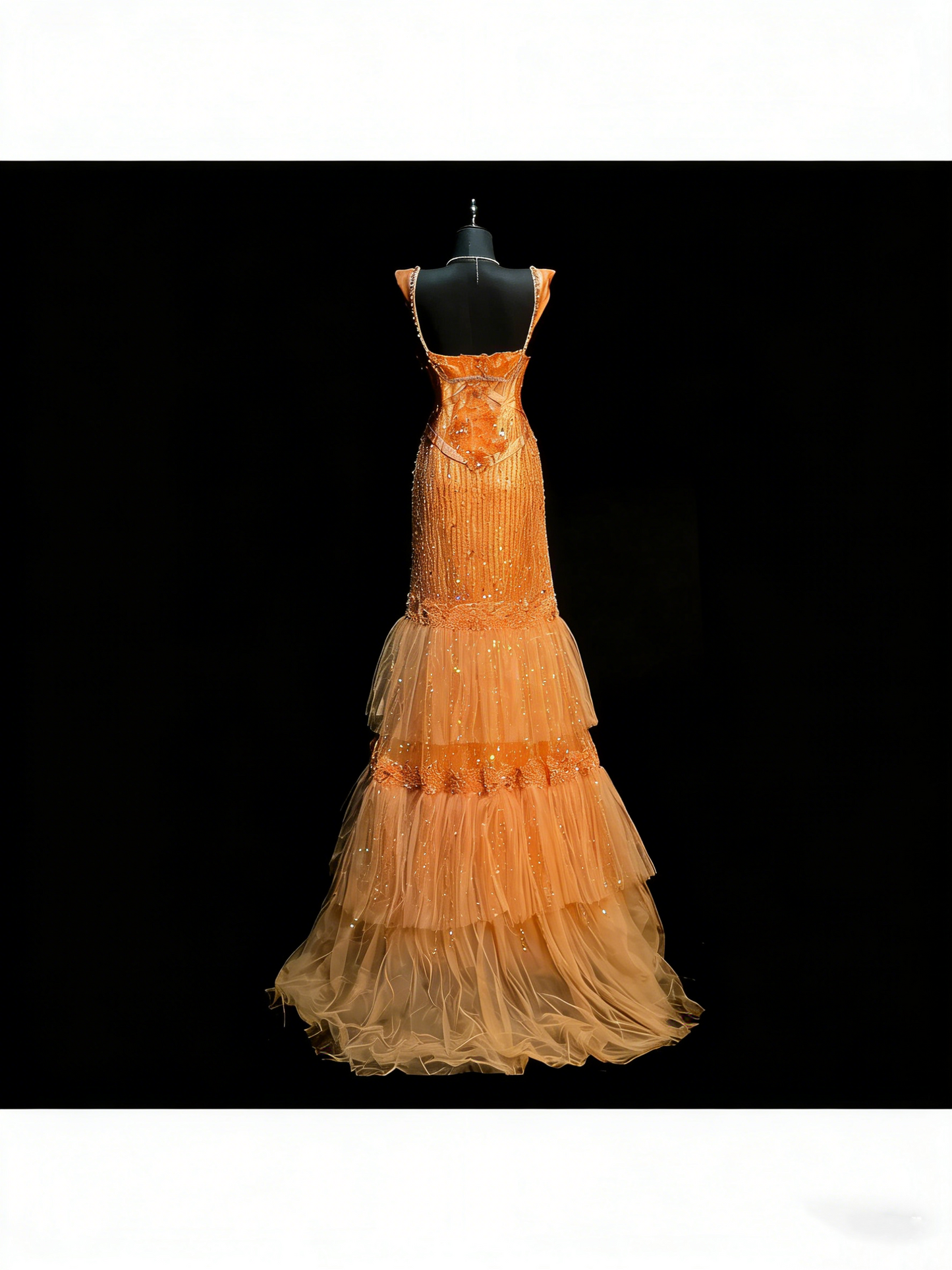 Robe de bal de fin d'année longue en tulle orange à décolleté cœur, style sirène, avec volants et superpositions, pour adolescentes (N1189)