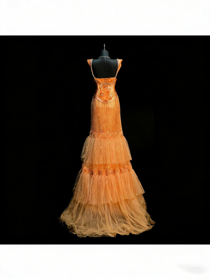 Robe de bal de fin d'année longue en tulle orange à décolleté cœur, style sirène, avec volants et superpositions, pour adolescentes (N1189)