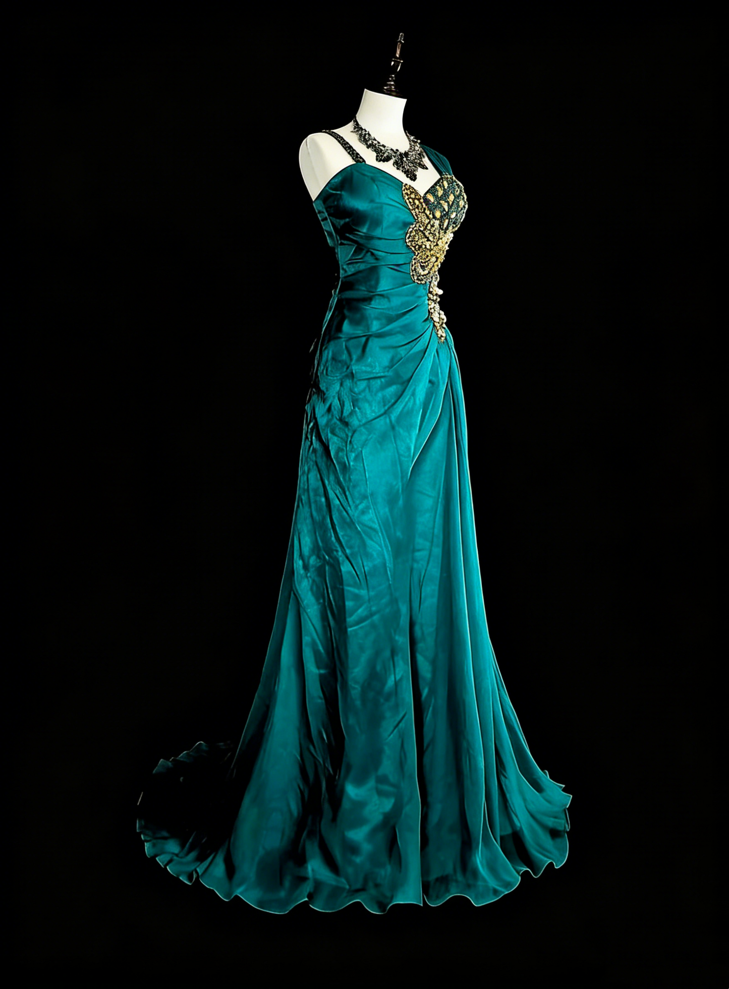 Vintage Meerjungfrauen-Kleid in Grün aus den 70er Jahren mit plissierten goldenen Perlen, langes Ballkleid, Partykleid N1837