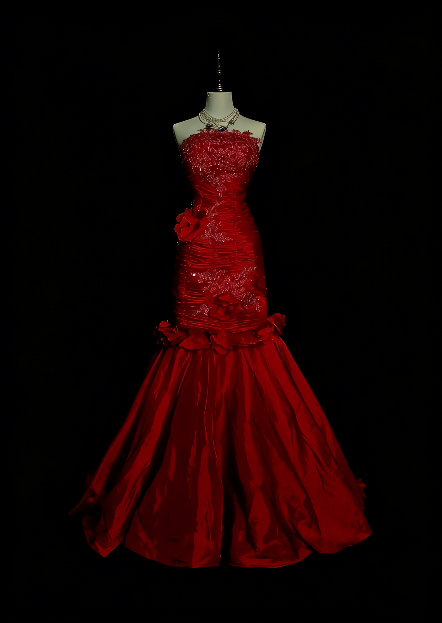 Vintage Meerjungfrauen-Kleid, trägerlos, rot, Tüllapplikationen, ärmellos, 80er Jahre, ärmelloses Ballkleid, langes formelles Abendkleid N1440