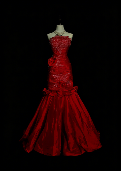 Vintage Meerjungfrauen-Kleid, trägerlos, rot, Tüllapplikationen, ärmellos, 80er Jahre, ärmelloses Ballkleid, langes formelles Abendkleid N1440