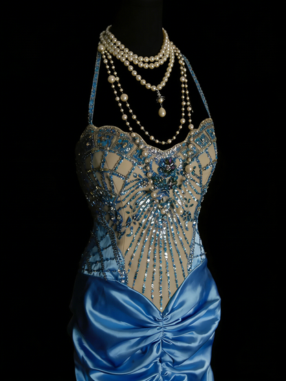 Vintage Abschlussballkleider Ästhetisch 1960er Jahre Retro Neckholder Meerjungfrau Perlen Lang Partykleid N2144