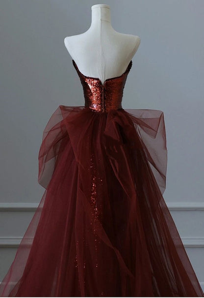 Robe de bal sirène bordeaux à sequins et tulle bustier - Inspiration robes de bal AB127