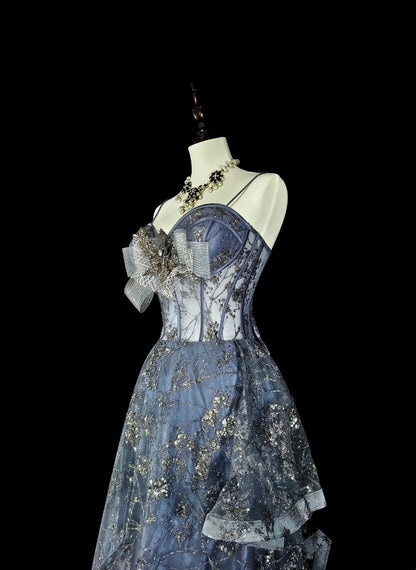 Robe de bal vintage, robe de soirée esthétique à fines bretelles, sequins gris, longue, inspiration robe de soirée formelle N1849