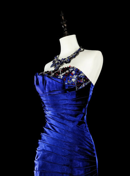 Vintage-Abendkleider, ästhetisches Meerjungfrauen-Trägerloses königsblaues Perlenkleid, klassisches Inspirations-Partykleid N2005