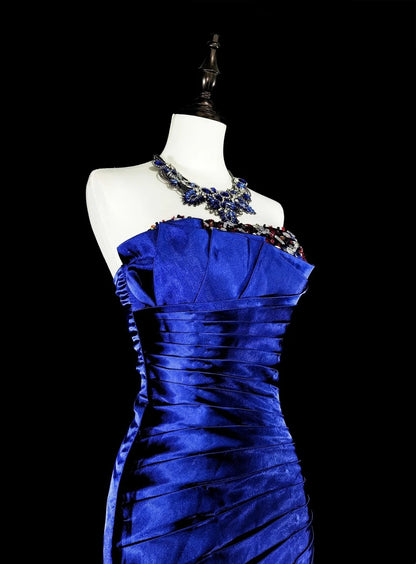Vintage-Abendkleider, ästhetisches Meerjungfrauen-Trägerloses königsblaues Perlenkleid, klassisches Inspirations-Partykleid N2005