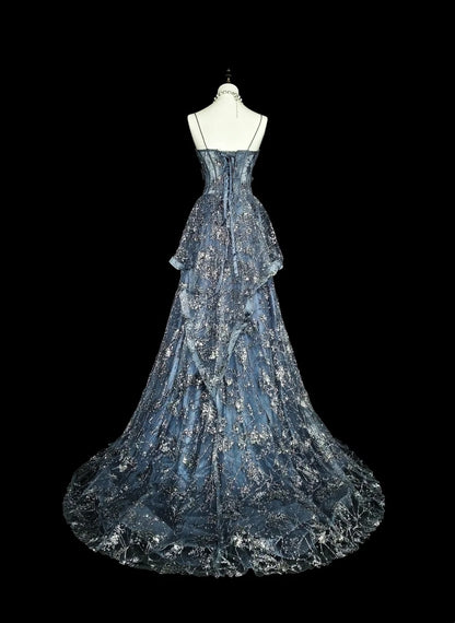 Robe de bal vintage, robe de soirée esthétique à fines bretelles, sequins gris, longue, inspiration robe de soirée formelle N1849