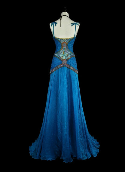 Robe de bal vintage sirène esthétique, col bijou, bleu royal, perles, inspiration classique, N2006