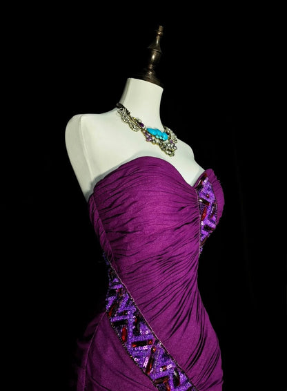Vintage Meerjungfrauen-Kleid mit perlenbesetztem, langem lila Sommerkleid für Strand, Abend und festliche Anlässe im Frühling (N1420)