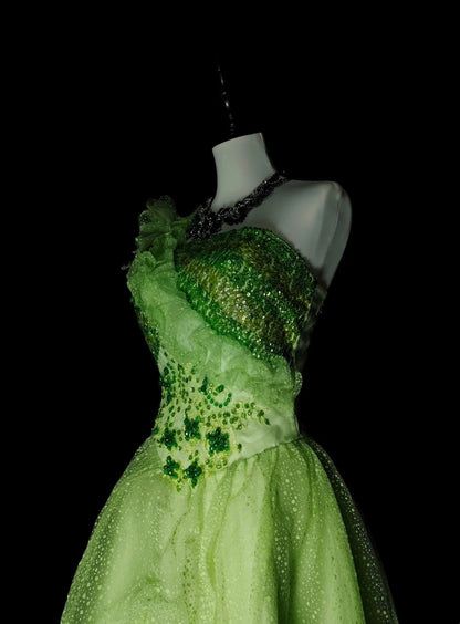 Robe de bal sobre asymétrique en tulle vert, longue, idéale pour l'été, les bals de fin d'année et les soirées de printemps (N1418).