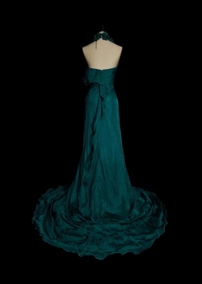 Elegantes, ärmelloses, dunkelgrünes Chiffon-Abendkleid in A-Linie mit Neckholder, langes formelles Kleid für die Oberstufe, N1378