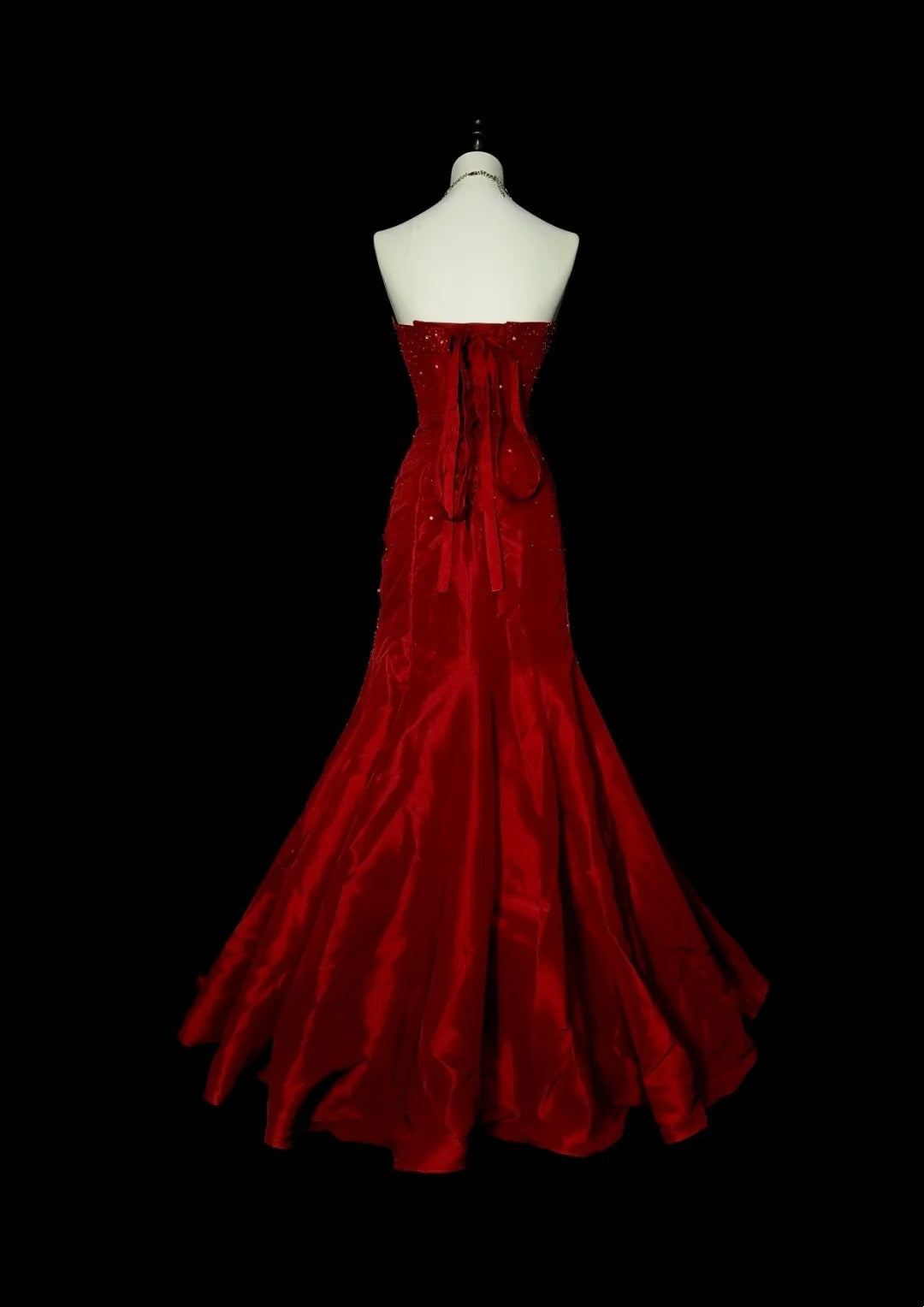 Vintage Meerjungfrauen-Kleid, trägerlos, roter Satin, 90er Jahre, mit Perlenstickerei, langes, formelles Abendkleid N1380