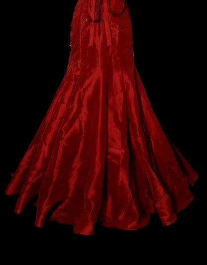 Vintage Meerjungfrauen-Kleid, trägerlos, roter Satin, 90er Jahre, mit Perlenstickerei, langes, formelles Abendkleid N1380