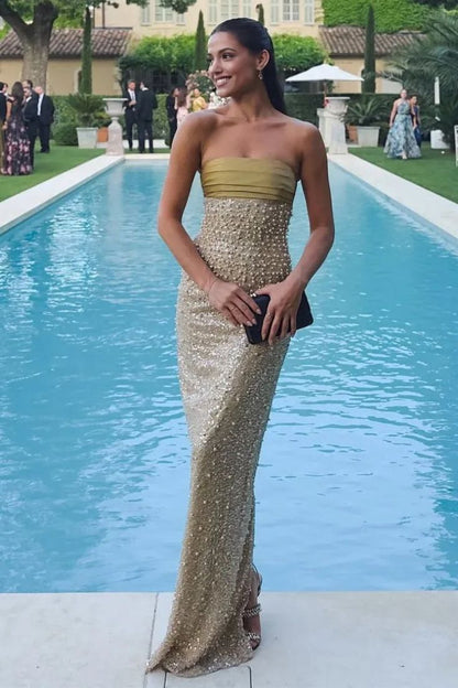 Robe de soirée sirène longue sans bretelles en satin jaune à sequins, robe de bal, robe de remise de diplôme N887