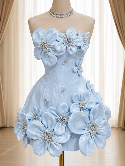 Whimsical Dream A Line Strapless Blue Satin Hoco Outftis inspo Short Homecoming Dresses 2026 RB6863