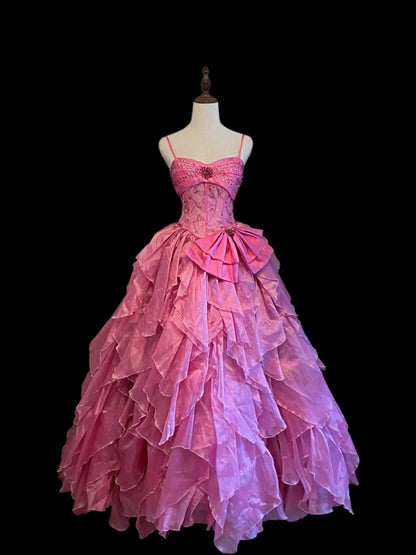 Princess Ball Gown Spaghetti Straps Pink Ruffled Layered Tiered Long Sweet 16 Dresses Seventeen Quince Dress RB4024