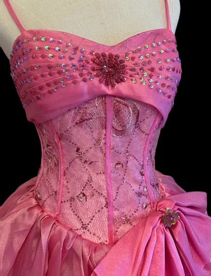 Princess Ball Gown Spaghetti Straps Pink Ruffled Layered Tiered Long Sweet 16 Dresses Seventeen Quince Dress RB4024