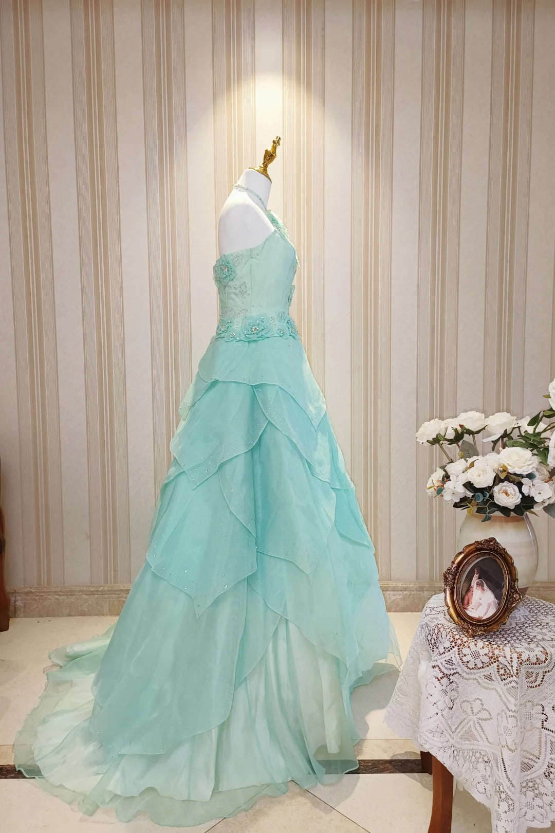 Princess Ball Gown High Neck Blue Ruffled Layers Tiered With Flowers Sweet 16 Dresses Quinceanera Dress N4189