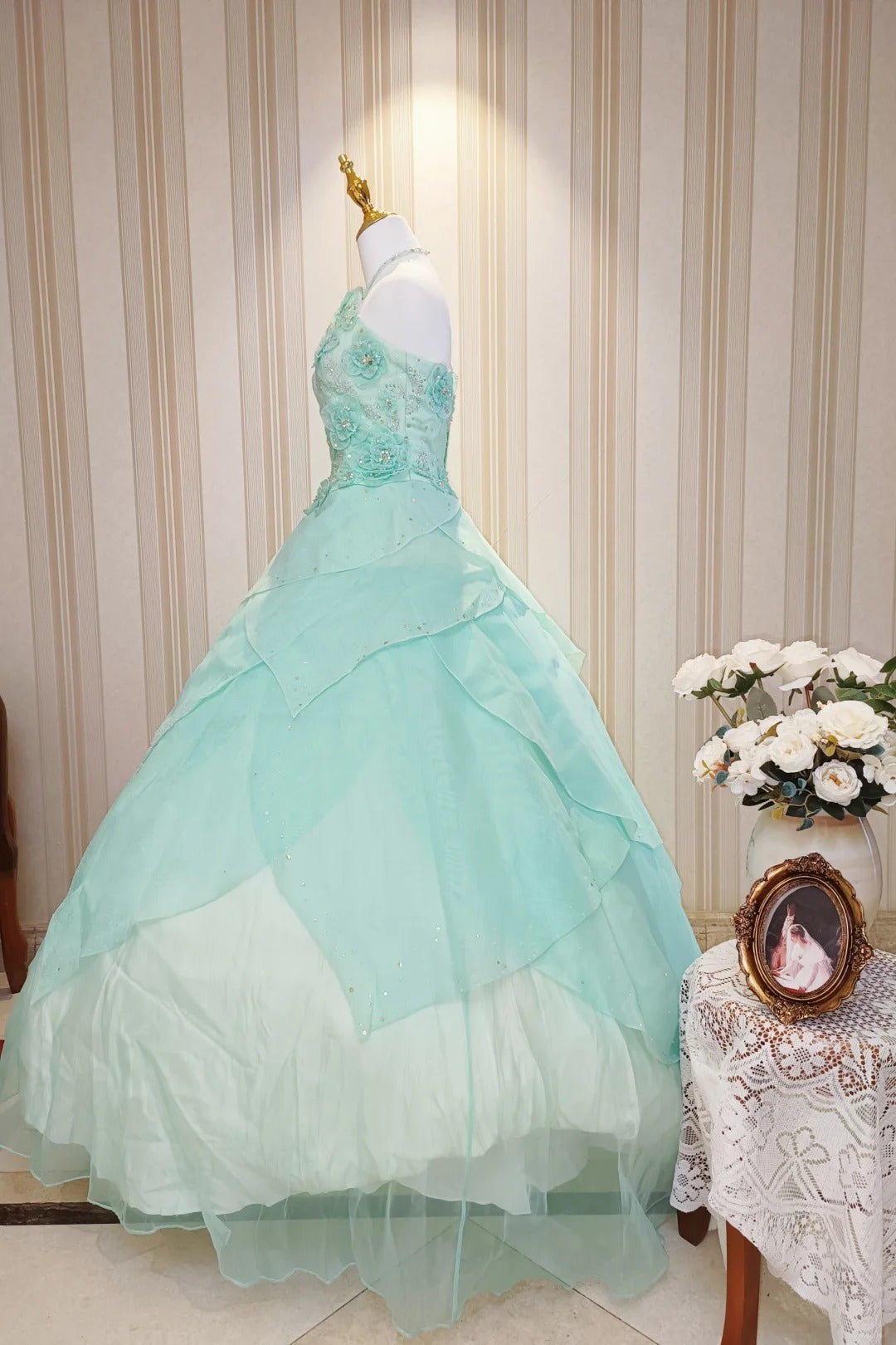 Princess Ball Gown High Neck Blue Ruffled Layers Tiered With Flowers Sweet 16 Dresses Quinceanera Dress N4189