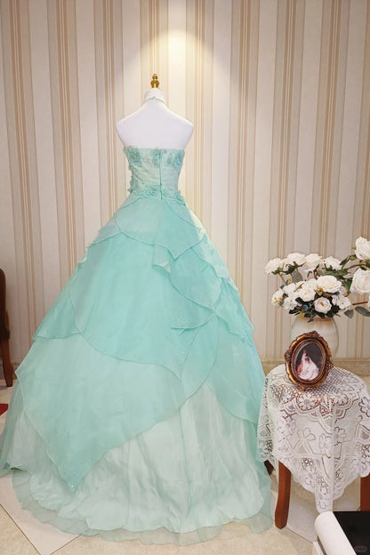 Princess Ball Gown High Neck Blue Ruffled Layers Tiered With Flowers Sweet 16 Dresses Quinceanera Dress N4189