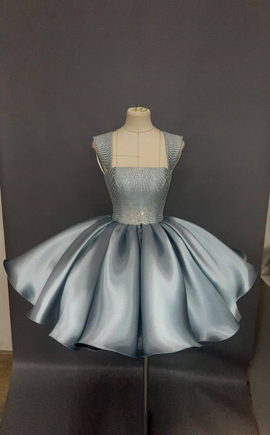 Sparkly Ball Gown Square Dusty Blue Satin For Black Girl Night Dinner Party Dress Short Mini 24th Birthday Dresses Hoco Outfit Ideas RB3637