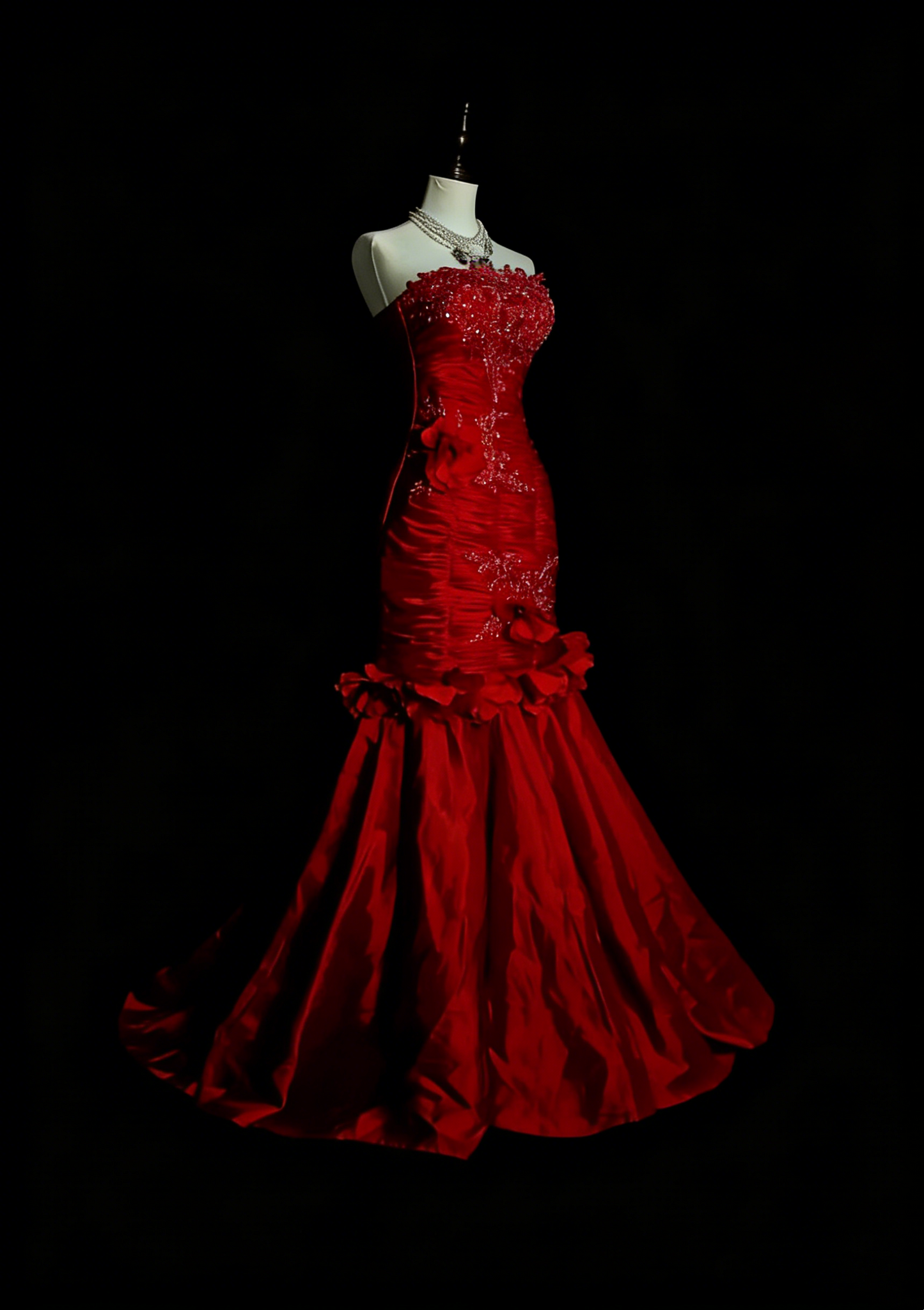 Vintage Meerjungfrauen-Kleid, trägerlos, rot, Tüllapplikationen, ärmellos, 80er Jahre, ärmelloses Ballkleid, langes formelles Abendkleid N1440