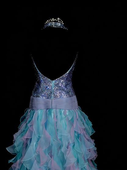 Niedliches Ballkleid, Neckholder, Blau mit gestuften Lagen, Rüschen, lange Partykleider, Ballkleider N2143