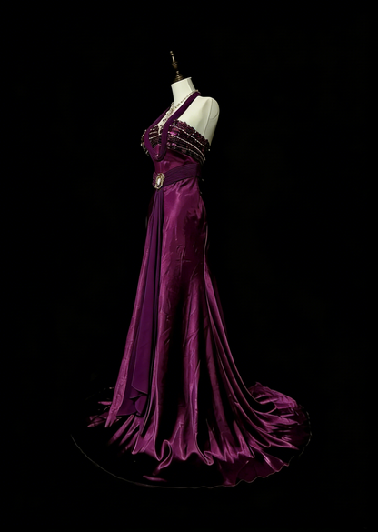 Robe de bal rétro sirène dos nu en satin violet avec perles et sans manches, style années 70, robe de soirée longue et formelle N1494
