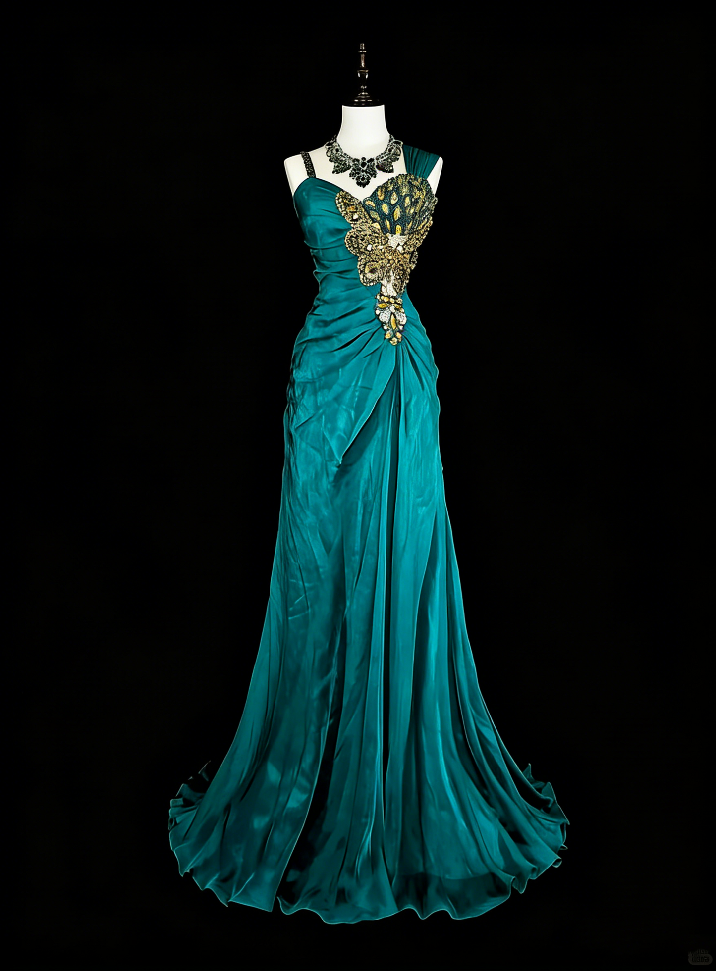 Vintage Meerjungfrauen-Kleid in Grün aus den 70er Jahren mit plissierten goldenen Perlen, langes Ballkleid, Partykleid N1837