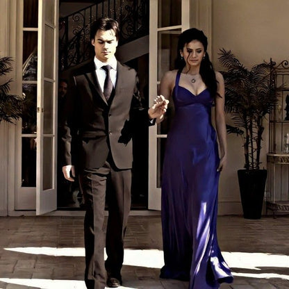 Robe de soirée sirène chic à fines bretelles en satin bleu royal, longue, idéale pour les bals de fin d'année des adolescentes (N1401)