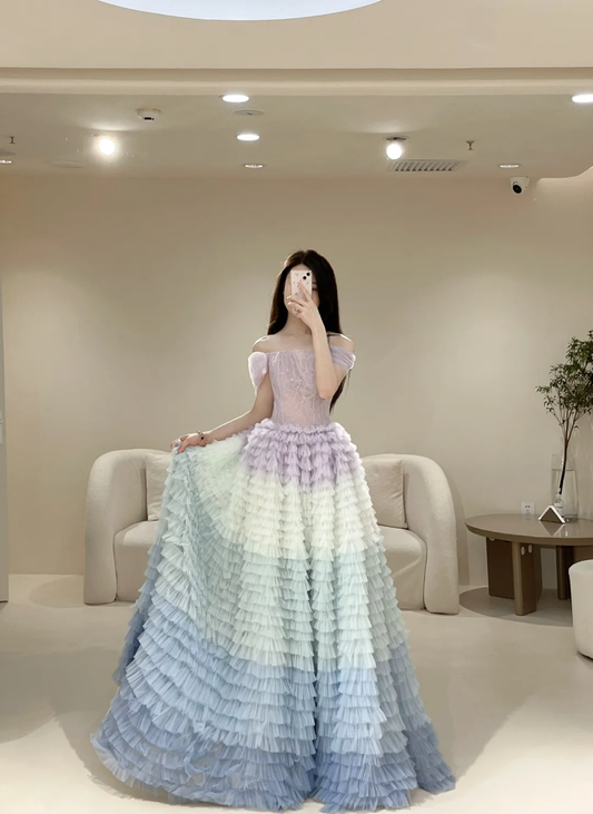 Cute Ball Gown Off The Shoulder Tulle Layered Long Prom Dresses Impress 19th Birthday Outfits Prom Gown AB900