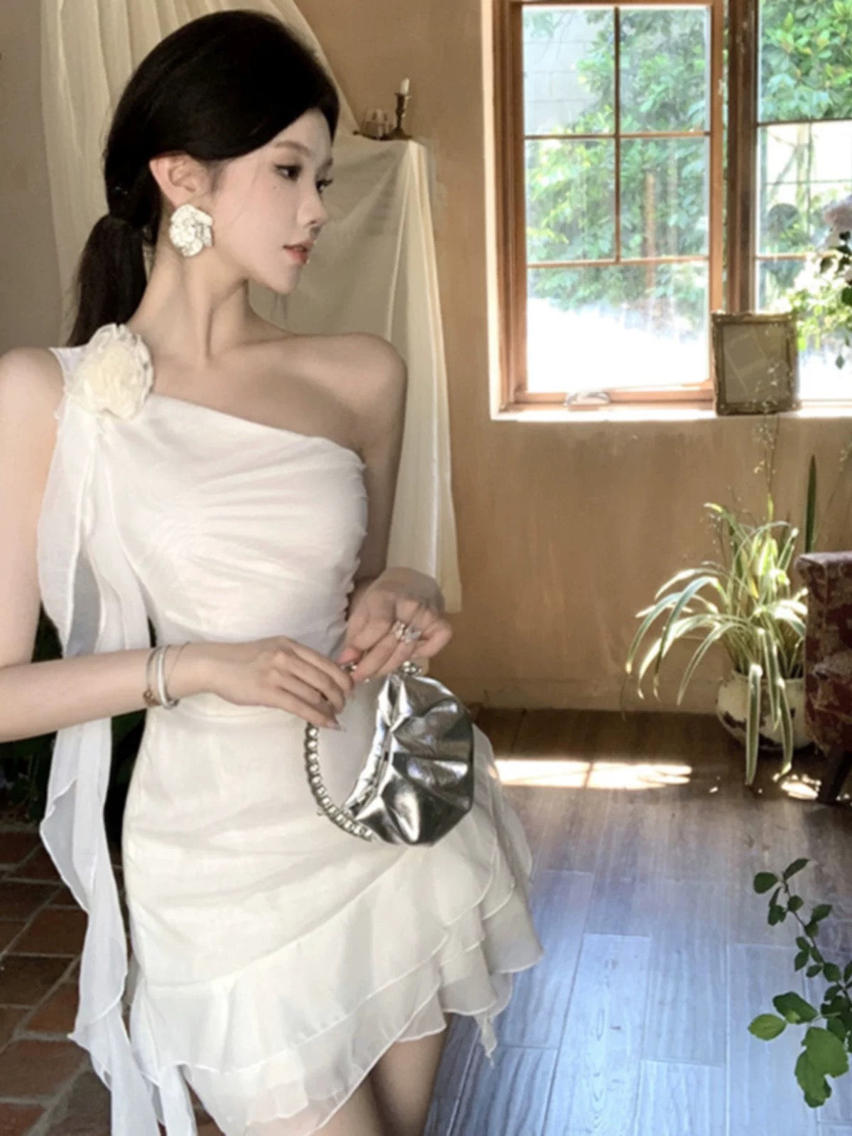 Elegant White One Shoulder Sheath Chiffon Short Birthday Party Dress RF01004