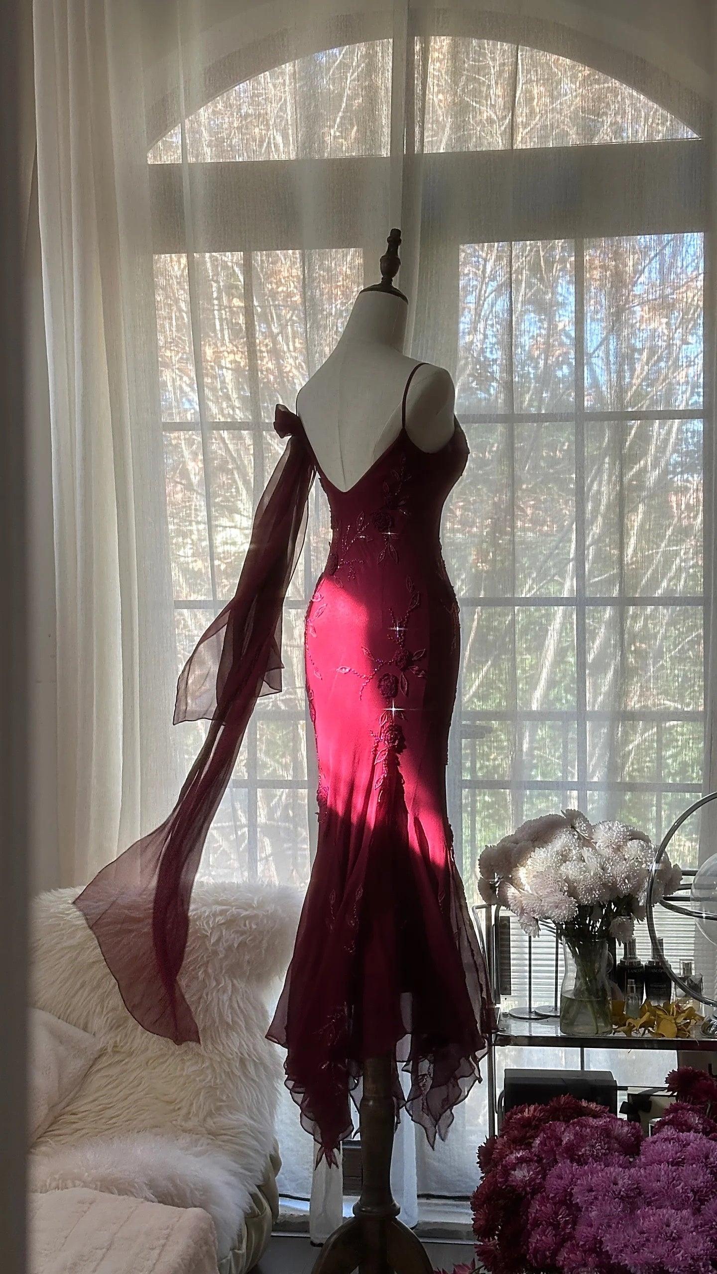 Elegant Mermaid Spaghetti Straps Burgundy Chiffon Prom Dresses Inspiration Trending Evening Gowns Formal Party Prom Dress B374