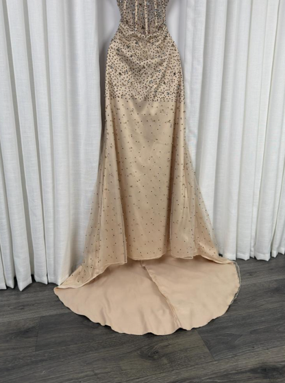 Robe de bal longue de fin d'année, style sirène scintillante, col carré, sequins champagne, référence N1320