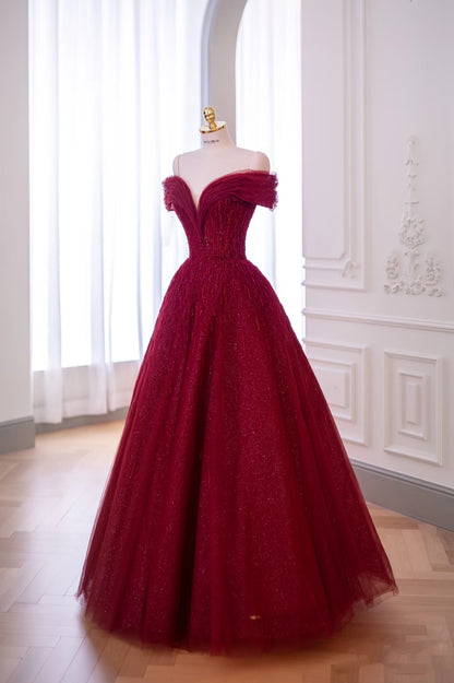Glänzendes Ballkleid aus rotem Tüll mit Perlen, schulterfrei, für Damen, Partykleider, lange formelle Ballkleider, Kleid zum 22. Geburtstag AB1328