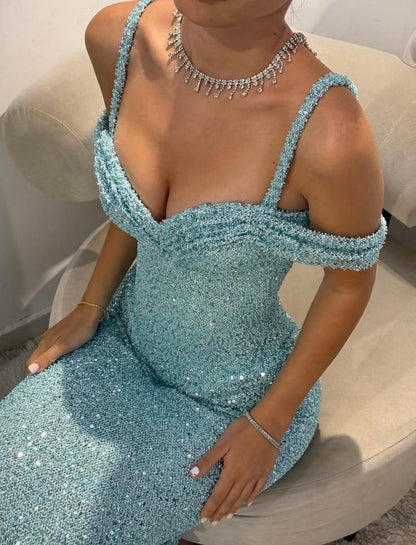 Robe de soirée en tulle bleu, épaules dénudées, sans manches, longueur au sol, fente latérale haute, disponible en ligne AB1666