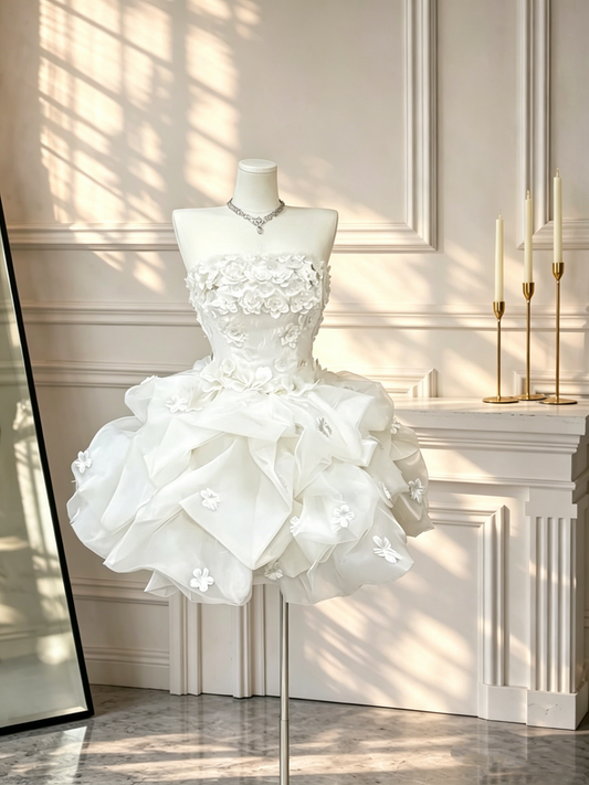 Elegant Ball Gown Strapless With 3D Flowers Sleeveless White Mini Senior Inspo Short Homecoming Dresses N4725