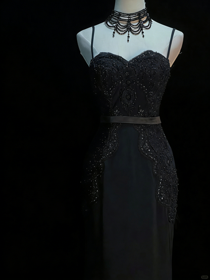 Chic Mermaid Spaghetti Strap Black With Beaded Appliques Long Party Dresses Prom Dresses Impress Wedding Guest Dress N918
