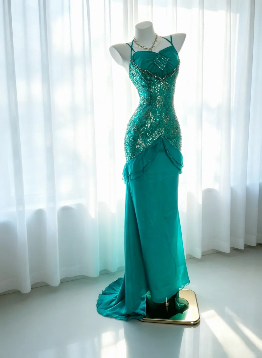 Elegantes Meerjungfrau-Spaghettiträgerkleid Grün mit Pailletten, elegantes Outfit zum 18. Geburtstag, formelle Ballkleider N4186