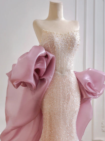 Glamouröses, trägerloses Meerjungfrauen-Abendkleid in Hellrosa mit Pailletten und Cape, langes Abendkleid, festliches Kleid, Geburtstagskleid N377