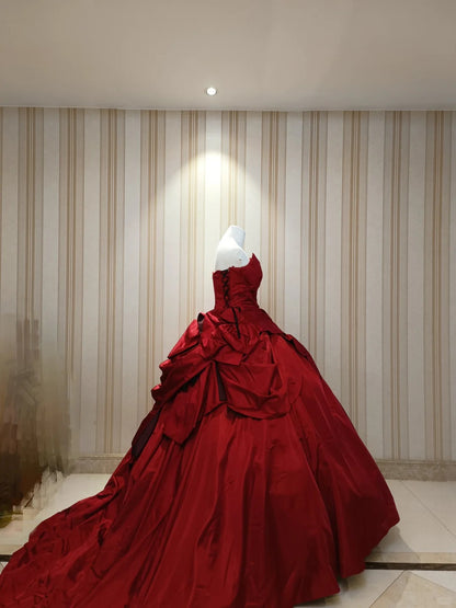 Princess Ball Gown Strapless Red Satin With Appliqued Sweet 16 Dresses Quinceanera Dress N4193